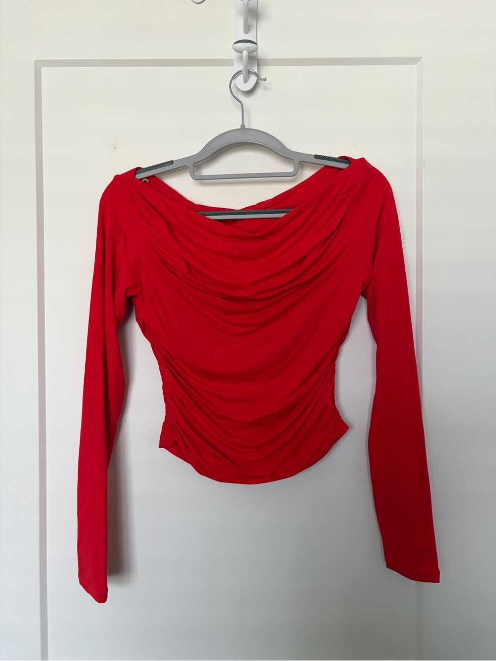 Red Draped Long-Sleeve Women's Top
